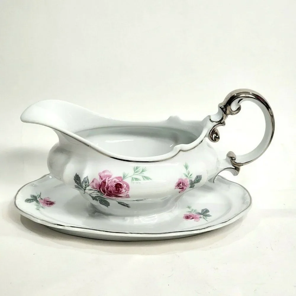 Home‎ Arts ENCHANTED ROSE Pink Gravy Boat with Attached Underplate Germany